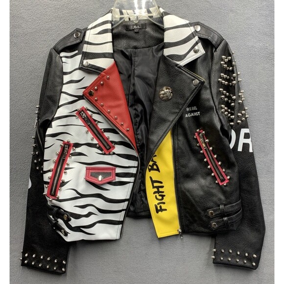For Her Moto Leather Zebra Printed Jacket 81769 Studded Biker Pockets Large - Picture 2 of 16